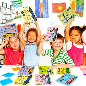 Detail of racing car DIY stickers being used by children for creative craft projects