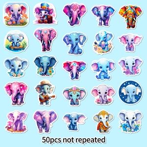 Set di 50 adesivi decorativi a forma di elefante colorati non ripetitivi in vari stili