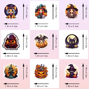 Detailed dimensions of nine different cartoon Halloween stickers with witch and pumpkin