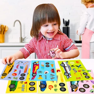 Close-up of 6 colorful race car DIY stickers showing various vehicle parts and racing icons