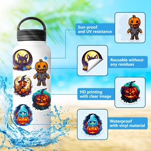 Waterproof vinyl Halloween stickers on water bottle showing UV resistance and no residue