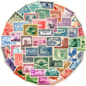 Vintage postage stamp stickers collage for travel journals and art scrapbooking