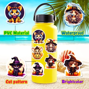 Waterproof PVC Halloween stickers with cartoon pumpkin and witch pets on yellow bottle