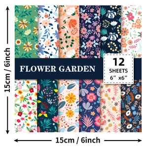 Detailed grid showing 12 floral patterns of 6x6 inch scrapbook paper for DIY crafts