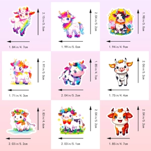 Size guide for cute rainbow cow stickers showing dimensions in cm and inches for 9 designs
