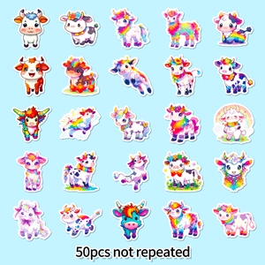 50pcs set of colorful rainbow cow stickers with cute cartoon animal designs for kids