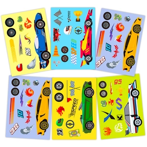 Set of 6 DIY racing car puzzle stickers for kids featuring colorful vehicles and flags