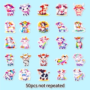 Set of 50 unique rainbow cow cartoon stickers with cute animal patterns for decoration