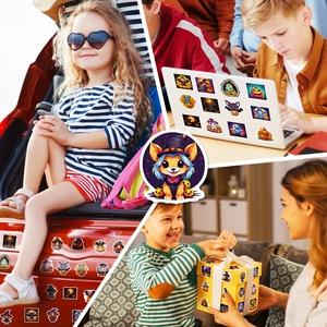 Detailed Halloween stickers showing pumpkin, ghost, and black cat on various surfaces