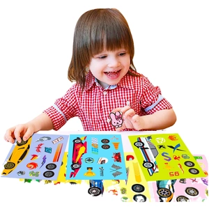 Kids racing car DIY puzzle sticker set with colorful vehicle designs and race patterns