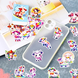 Rainbow cow stickers decorating a clear phone case for a cute creative DIY look