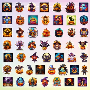 Set of 50 Halloween pumpkin and ghost stickers featuring cute horror cartoon designs