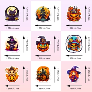 50pcs Halloween stickers featuring spooky pumpkins and black cats in various sizes