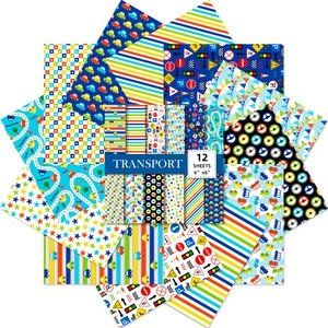 Macro shot of 12pcs 6x6 inch transport themed scrapbook papers with car and road patterns