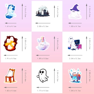 Detailed view of 9 cartoon ghost stickers with dimensions in a neat 3x3 grid layout