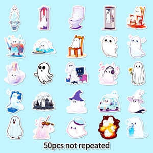 Collection of 50 unique cute cartoon ghost stickers with various fun life scenes and activities