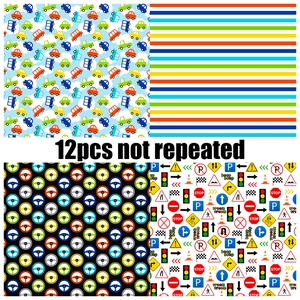 Set of 12 non-repeated cute sea salt style cartoon car and traffic sign scrapbook papers