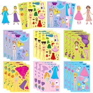 Detail of pink princess make-a-face sticker set with various DIY cartoon fashion outfits