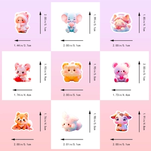 Detail view of 9 cute 3D cartoon animal stickers showing dimensions in inches and cm