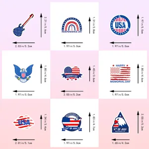 Detaillierte Größentabelle für USA-Aufkleber mit Maßen in cm und Zoll für jedes Design
