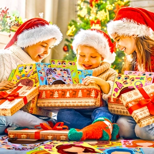 Happy children opening a festive gift box of DIY exotic princess dress-up stickers