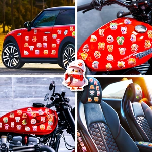 Detailed application of 3D pink cute animal stickers on car doors and motorcycle tanks