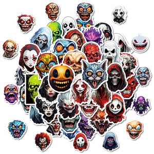 50pcs Halloween horror stickers featuring zombies, skulls and creepy clowns for decoration