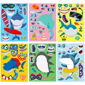 Set of 6 DIY shark facial expression stickers for kids with various ocean accessories