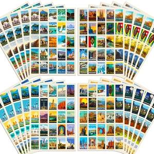 Detailed view of vintage travel landmark stickers with iconic world monuments and cities