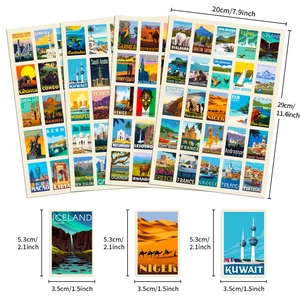 Retro world landmark posters and travel stickers set featuring 100 global vintage designs