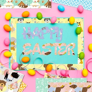 DIY dog themed scrapbooking paper pack with colorful patterns and Happy Easter paper crafts