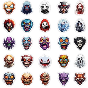 Detailed grid view of 25 unique horror stickers featuring zombies, clowns, and monsters
