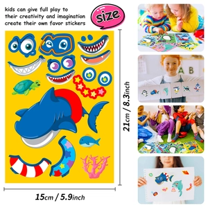 DIY shark facial expression puzzle stickers for kids showing product size and play scenes