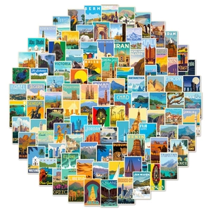 Macro view of vintage world landmark stickers arranged in a creative heart shape on white
