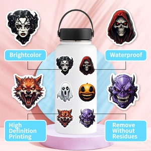 Detail showing waterproof gothic horror stickers on a white water bottle with crisp print