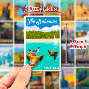 Bahamas Pig Beach travel sticker showing tropical elements and size measurement