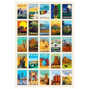 Collection of vintage travel poster stickers featuring global landmarks in grid layout