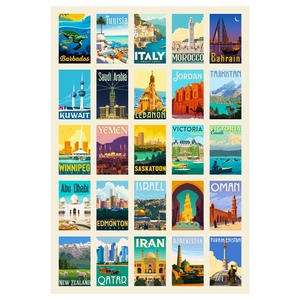 Set of 25 vintage travel posters featuring world landmarks in a 5x5 grid layout