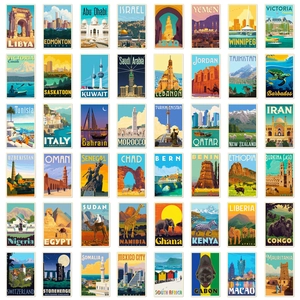 Grid view of vintage world landmark stickers including Egypt and Italy travel posters