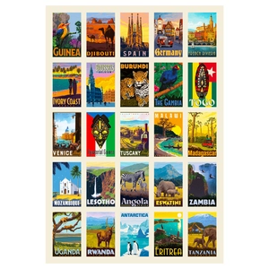 Macro view of 25 vintage world landmark travel stickers with colorful retro illustrations