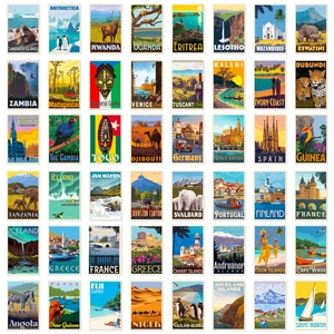 Macro display of 48 vintage travel posters featuring global landmarks and retro illustrations