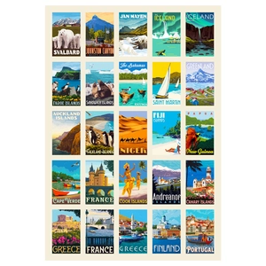 Detailed grid of 25 vintage world travel posters and landmark stickers in retro art style