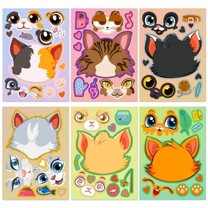 6-pack cute cartoon cat face DIY stickers with diverse facial expressions and pet accessories
