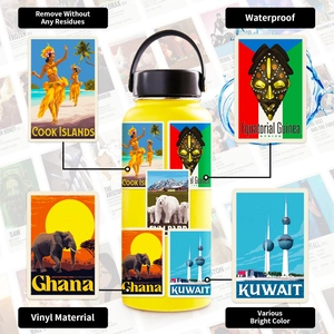 Close-up of waterproof vintage world landmark stickers applied on a yellow water bottle
