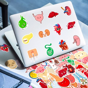 Close-up of cute cartoon organ stickers applied on a silver laptop and scattered on desk