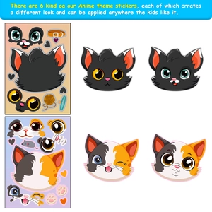 Detail view of 6-pack DIY cartoon cat stickers with mix and match facial expressions