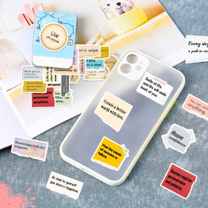 Detail showing aesthetic English text stickers on a phone case for DIY personalized decoration