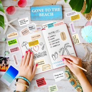 Inspirational English stickers for journals featuring pastel colors and summer decorations
