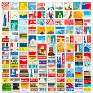 Set of 100 vintage travel stamp stickers featuring global landmarks in flat art style