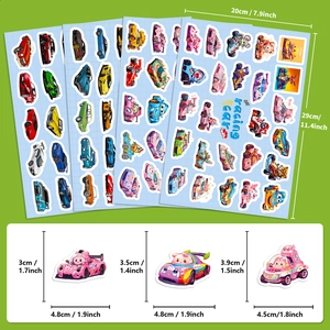 Detail view of 20x29cm racing car sticker sheet with dimensions for student rewards